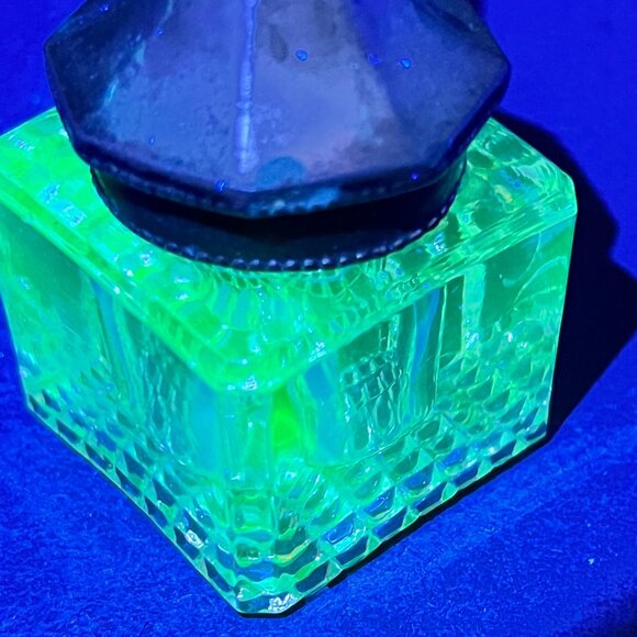 Antique Victorian Inkwell Pressed Mold Glass Cast Metal Lid Glows